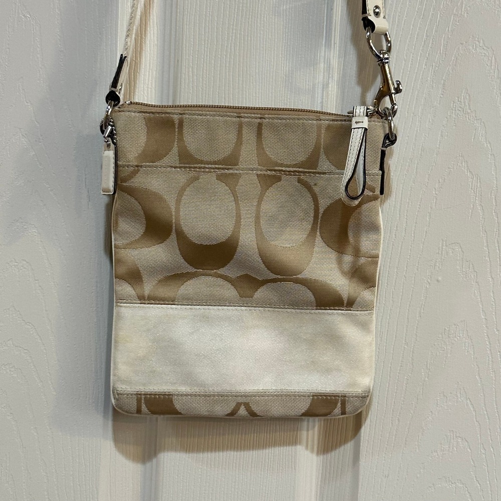 Coach Signature Jacquard Crossbody File Bag Tan White Canvas 12091